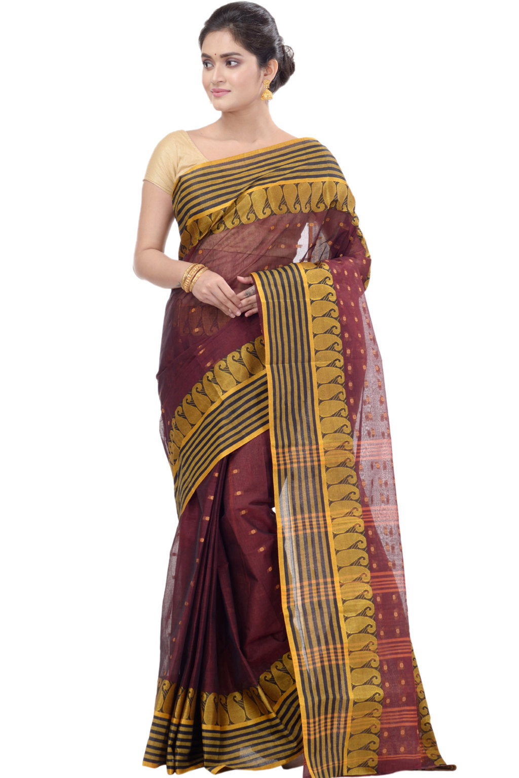 Brown Pure Cotton Moti_Buti Tant Saree (747)